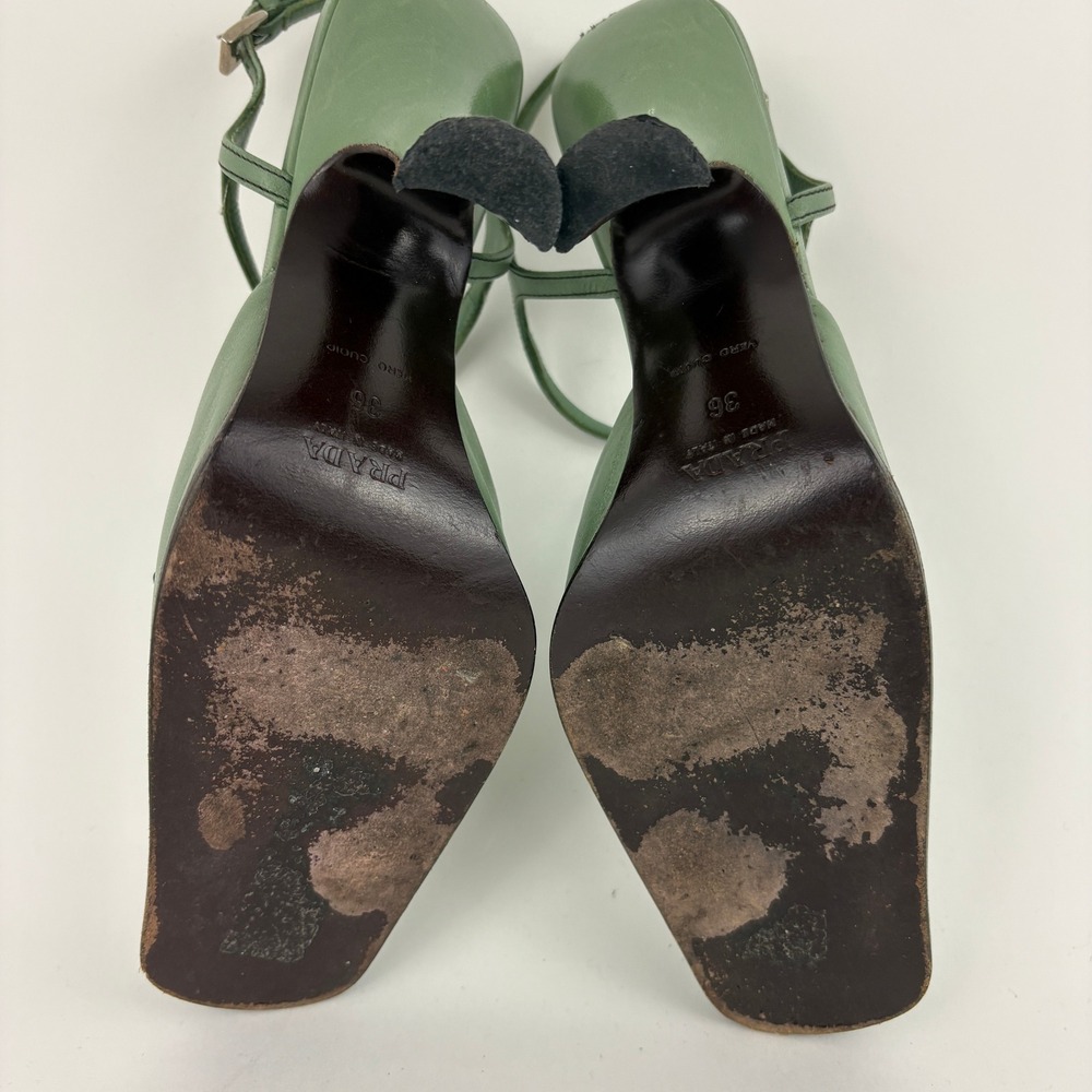 Vintage Prada Green Leather Rose T Strap Heels Size 36 Floral Knot Square Toe - Picture 10 of 14